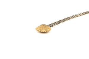 
            
                Load image into Gallery viewer, Simple Vintage Inspired Scallop shell Necklace in solid Brass. Jewelry on an oxidized Brass chain for marine research. Handmade vintage jewelry made in Brooklyn NYC
            
        