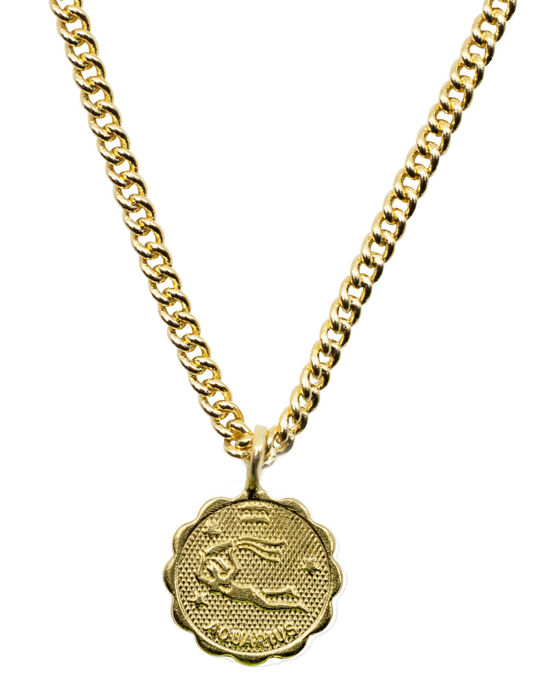 
            
                Load image into Gallery viewer, Vintage Gold plated Brass coin shaped with unique scalloped edge Astrology Pendant Necklace on chain. Zodiac Aquarius. Handmade in Brooklyn NYC
            
        