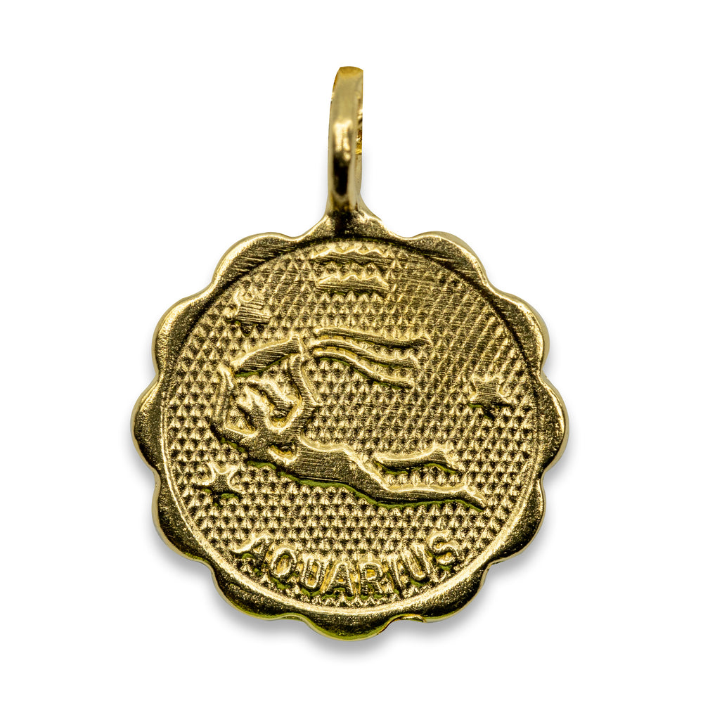 Gold plated Brass coin shaped with unique scalloped edge Astrology Pendant Necklace on chain. Zodiac Aquarius. Handmade in Brooklyn NYC