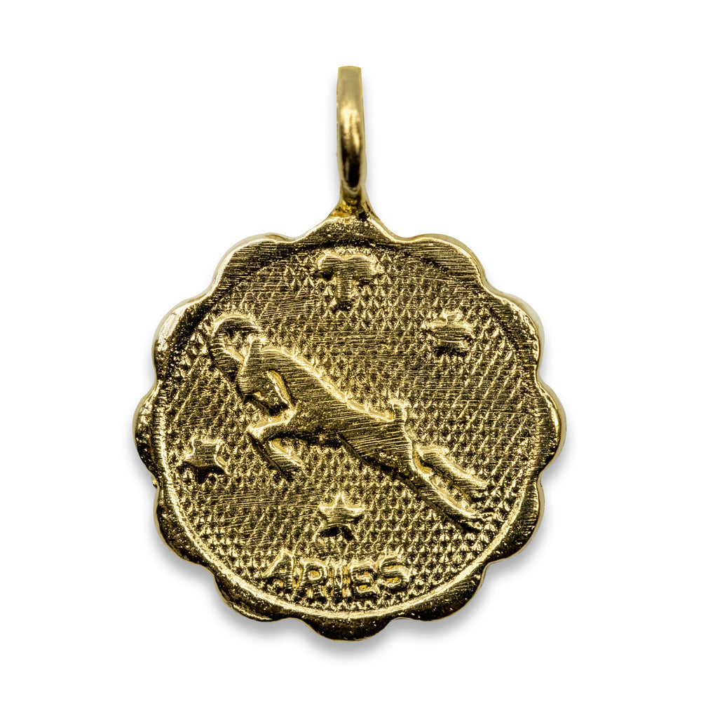 
            
                Load image into Gallery viewer, Gold plated Brass coin shaped pendant with unique scalloped edge Astrology Pendant Necklace on chain. Zodiac Aries. Handmade in Brooklyn NYC
            
        