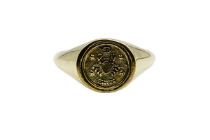 
            
                Load image into Gallery viewer, Vintage Brass Astrology Ring. Can be changed to Gold. This golden ring has Zodiac Cancer. Handmade in a jewelry store in Brooklyn NYC
            
        