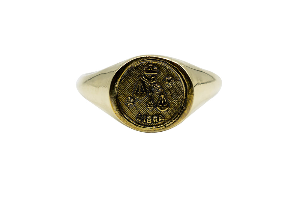 
            
                Load image into Gallery viewer, Vintage Brass Astrology Ring. Can be changed to Gold. This golden ring has Zodiac Libra. Handmade in a jewelry store in Brooklyn NYC
            
        