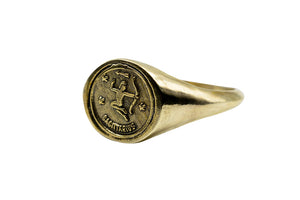 
            
                Load image into Gallery viewer, Vintage Brass Astrology Ring. Can be changed to Gold. This golden ring has Zodiac Sagitarius. Handmade in a jewelry store in Brooklyn NYC
            
        