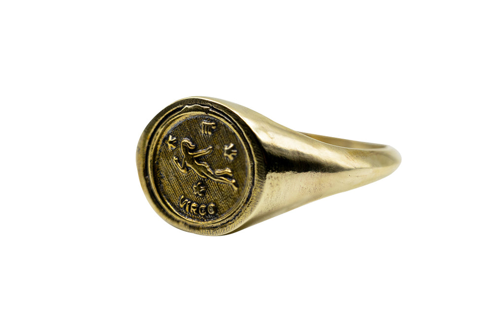 
            
                Load image into Gallery viewer, Vintage Brass Astrology Ring. Can be changed to Gold. This golden ring has Zodiac Virgo. Handmade in a jewelry store in Brooklyn NYC
            
        