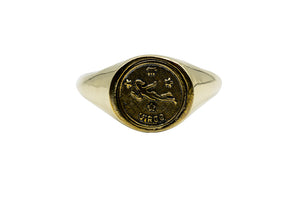 
            
                Load image into Gallery viewer, Vintage Brass Astrology Ring. Can be changed to Gold. This golden ring has Zodiac Virgo. Handmade in a jewelry store in Brooklyn NYC
            
        