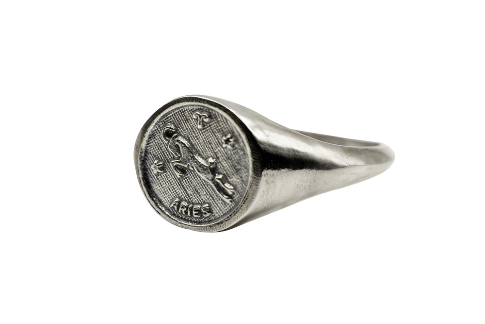 
                      
                        An Astrology Ring with Zodiac Aries Side view. Piece of Men and Women Jewelry in Silver
                      
                    