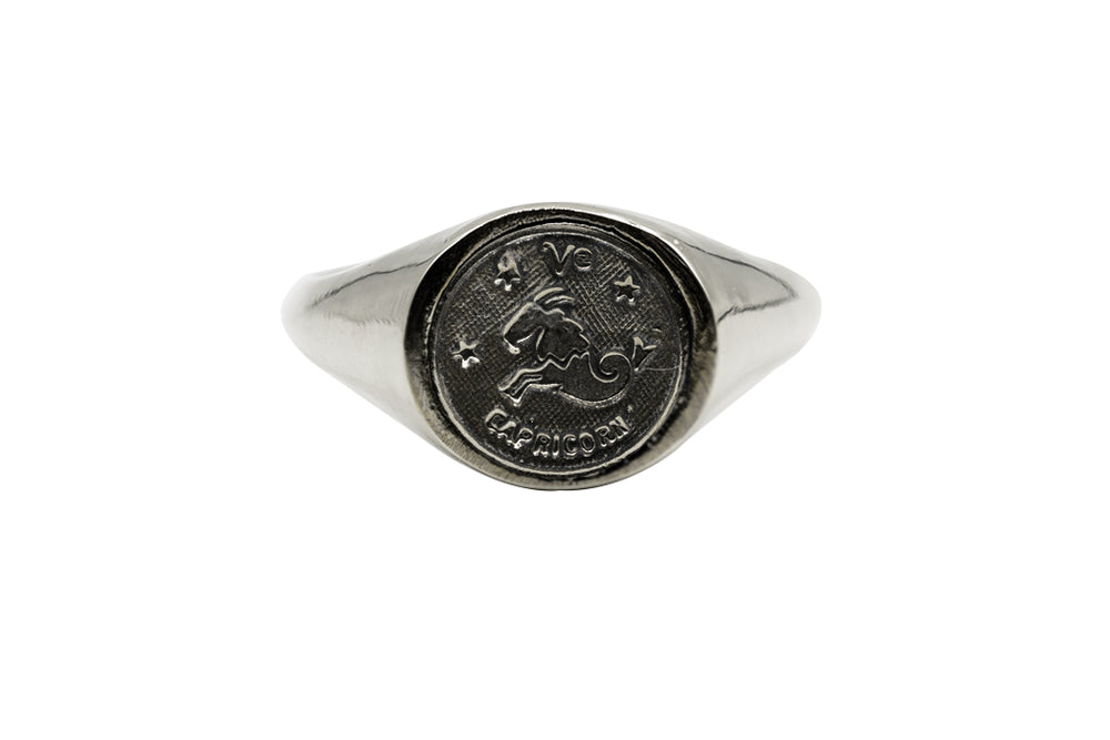 
                      
                        An Astrology Ring with Zodiac Capricorn. Piece of Men and Women Jewelry in Silver
                      
                    
