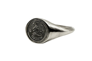 An Astrology Ring with Zodiac Capricorn Side view. Piece of Men and Women Jewelry in Silver