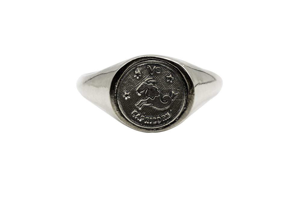 An Astrology Ring with Zodiac Capricorn. Piece of Men and Women Jewelry in Silver