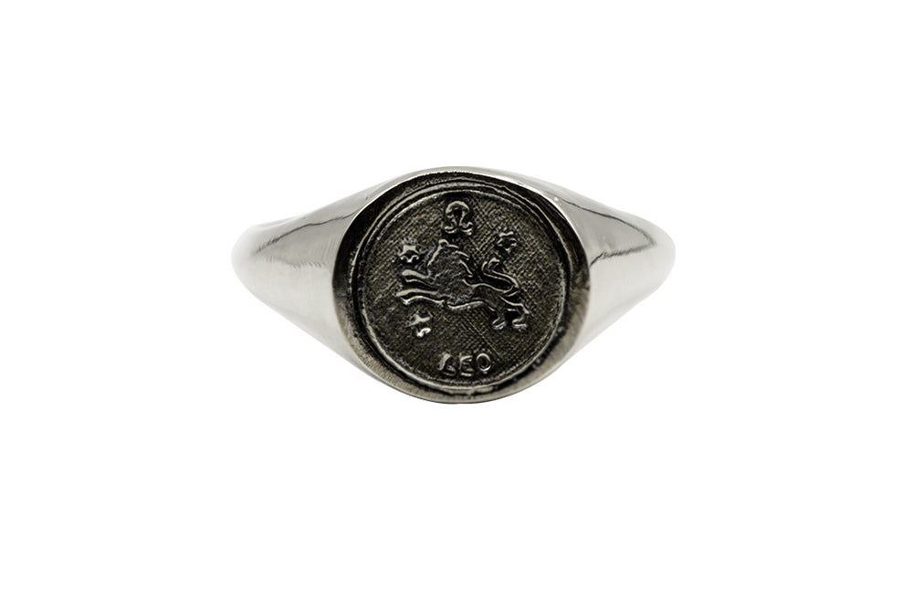 
                      
                        An Astrology Ring with Zodiac Leo. Piece of Men and Women Jewelry in Silver
                      
                    