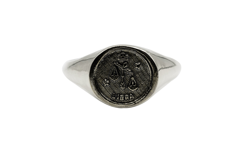 
                      
                        An Astrology Ring with Zodiac Libra. Piece of Men and Women Jewelry in Silver
                      
                    