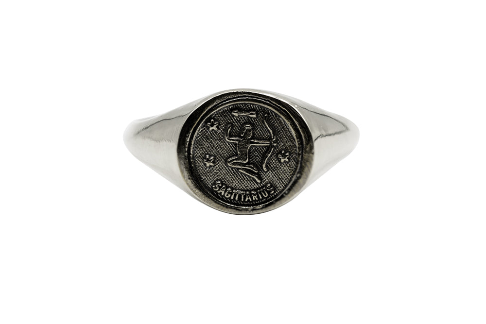 
                      
                        An Astrology Ring with Zodiac Sagittarius. Piece of Men and Women Jewelry in Silver
                      
                    