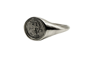 An Astrology Ring with Zodiac Sagittarius Side view. Piece of Men and Women Jewelry in Silver