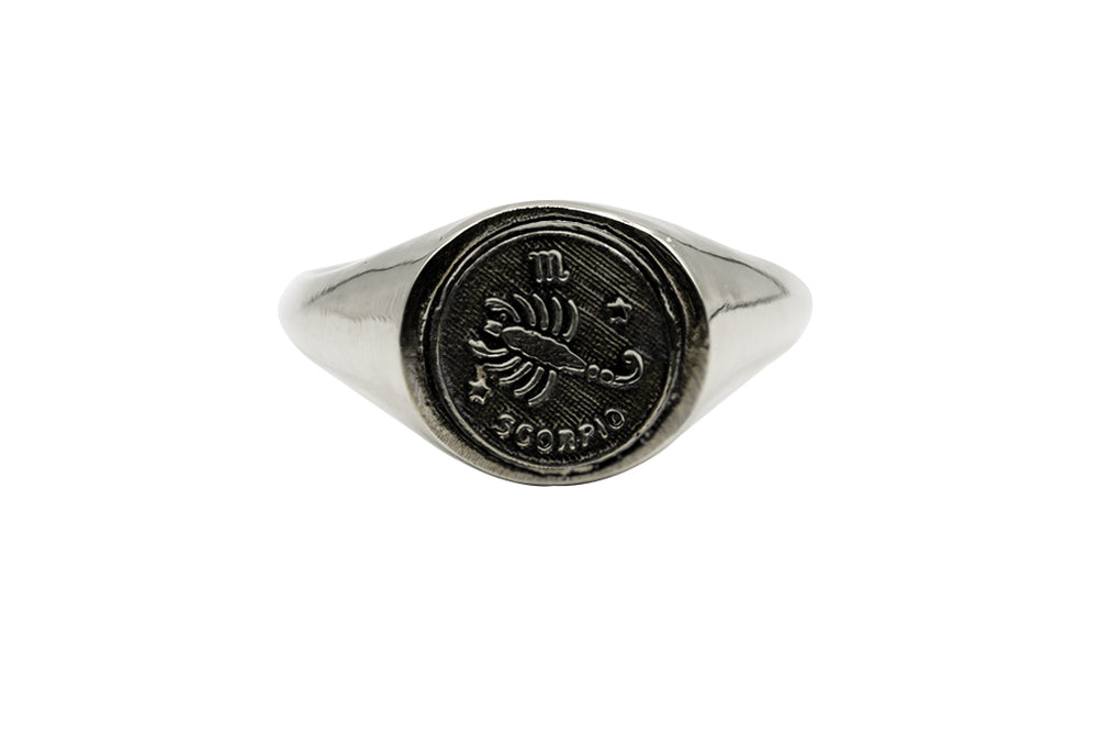An Astrology Ring with Zodiac Scorpio. Piece of Men and Women Jewelry in Silver