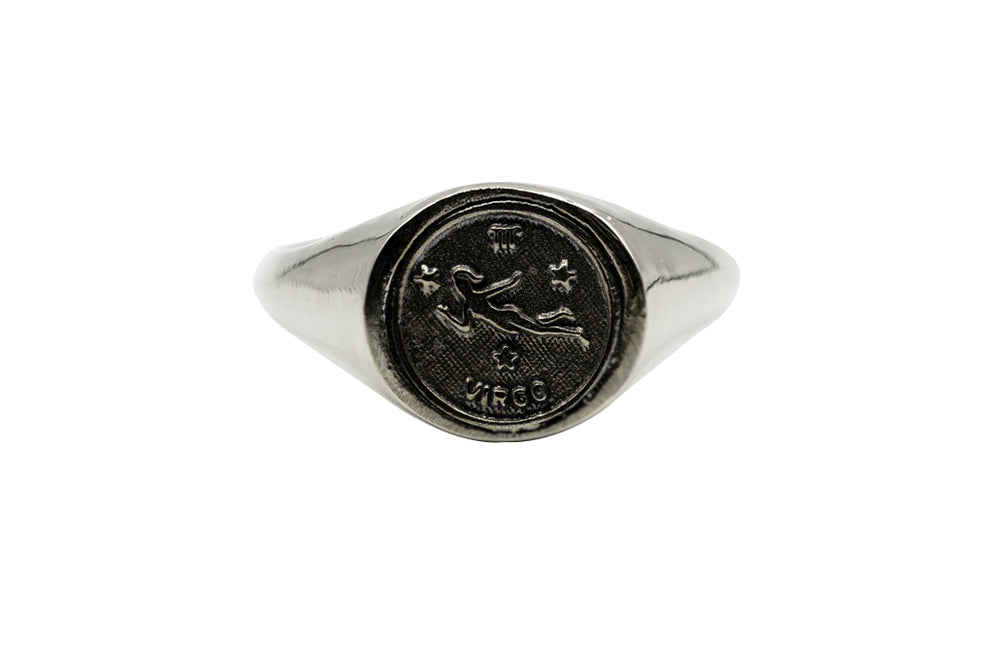 
                      
                        An Astrology Ring with Zodiac Virgo. Piece of Men and Women Jewelry in Silver
                      
                    
