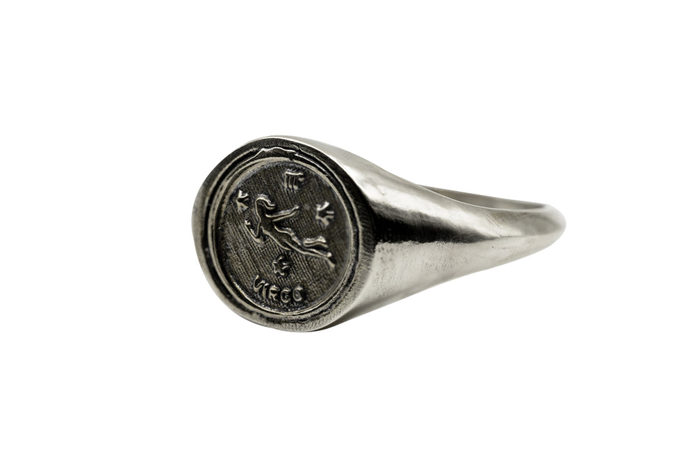 
                      
                        An Astrology Ring with Zodiac Virgo Side view. Piece of Men and Women Jewelry in Silver
                      
                    