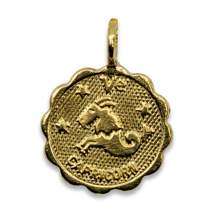 Gold plated Brass coin shaped pendant with unique scalloped edge Astrology Pendant Necklace on chain. Zodiac Capricorn. Handmade in Brooklyn NYC