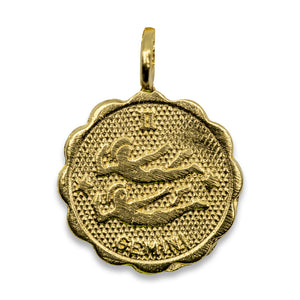 
            
                Load image into Gallery viewer, Gold plated Brass coin shaped pendant with unique scalloped edge Astrology Pendant Necklace on chain. Zodiac Gemini. Handmade in Brooklyn NYC
            
        
