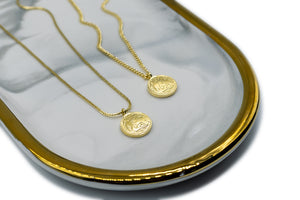
            
                Load image into Gallery viewer, Vintage Goddess Coin Necklace made of gold plated solid brass giving it a beautiful golden look. Customized chain in gold bronze available. Made by jewelers in New York and LA
            
        