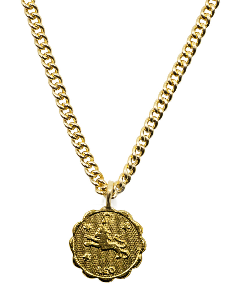 
            
                Load image into Gallery viewer, Gold plated Brass coin shaped pendant with unique scalloped edge Astrology Pendant Necklace on chain. Zodiac Leo. Handmade in Brooklyn NYC
            
        