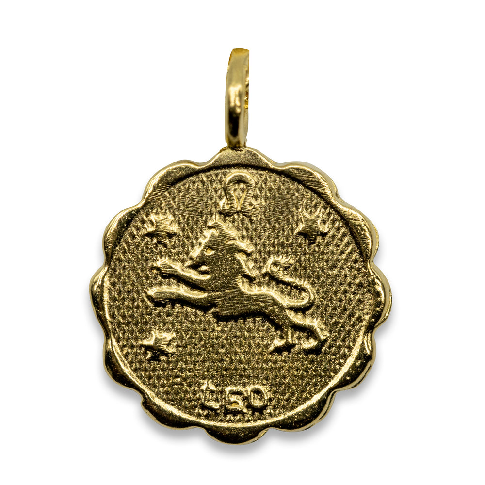 
            
                Load image into Gallery viewer, Gold plated Brass coin shaped pendant with unique scalloped edge Astrology Pendant Necklace on chain. Zodiac Leo. Handmade in Brooklyn NYC
            
        