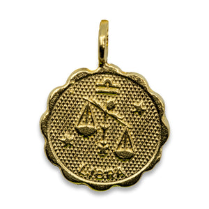 
            
                Load image into Gallery viewer, Gold plated Brass coin shaped pendant with unique scalloped edge Astrology Pendant Necklace on chain. Zodiac Libra. Handmade in Brooklyn NYC
            
        