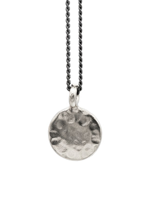 
            
                Load image into Gallery viewer, Vintage Simple Hammered Circle Charm Necklace made of solid sterling silver giving it a beautiful silver look. The pendant charm is on an oxidized silver chain.  Custom Handmade by jewelers in Brooklyn New York
            
        