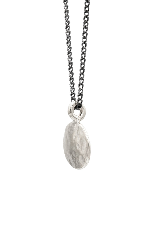 
            
                Load image into Gallery viewer, Vintage Simple Hammered Circle Charm Necklace made of solid sterling silver giving it a beautiful silver look. The pendant charm is on an oxidized silver chain.  Custom Handmade by jewelers in Brooklyn New York
            
        