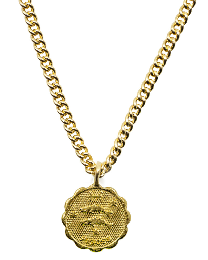 
            
                Load image into Gallery viewer, Gold plated Brass coin shaped with unique scalloped edge Astrology Pendant Necklace on chain. Zodiac Pisces. Handmade in Brooklyn NYC
            
        