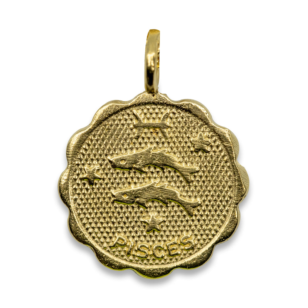 
            
                Load image into Gallery viewer, Gold plated Brass coin shaped with unique scalloped edge Astrology Pendant Necklace on chain. Zodiac Pisces. Handmade in Brooklyn NYC
            
        