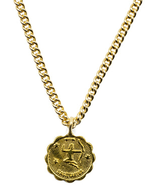 Gold plated Brass coin shaped pendant with unique scalloped edge Astrology Pendant Necklace on chain. Zodiac Sagittarius. Handmade in Brooklyn NYC