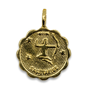 Gold plated Brass coin shaped pendant with unique scalloped edge Astrology Pendant Necklace on chain. Zodiac Sagittarius. Handmade in Brooklyn NYC