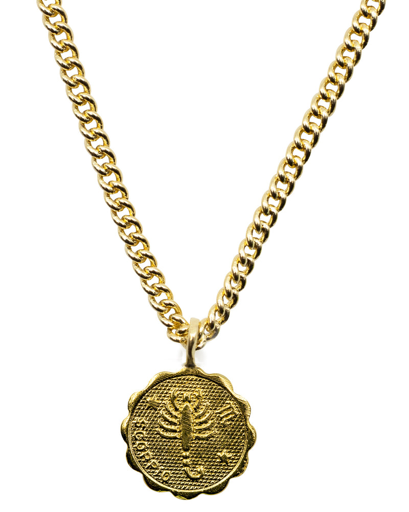 Gold plated Brass coin shaped pendant with unique scalloped edge Astrology Pendant Necklace on chain. Zodiac Scorpio. Handmade in Brooklyn NYC