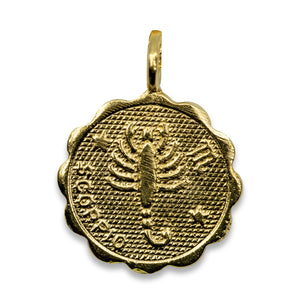 Gold plated Brass coin shaped pendant with unique scalloped edge Astrology Pendant Necklace on chain. Zodiac Scorpio. Handmade in Brooklyn NYC
