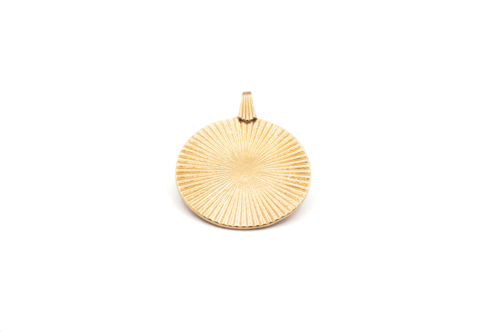 
            
                Load image into Gallery viewer, Vintage inspired simple Sunburst circle charm Necklace in recycled 14k Gold plated Brass with either a 14k Gold filled or Gold Plated Chain. Custom Handmade by jewelers in Brooklyn, NY.
            
        