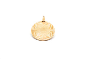 
            
                Load image into Gallery viewer, Vintage inspired simple Sunburst circle charm Necklace in recycled 14k Gold plated Brass with either a 14k Gold filled or Gold Plated Chain. Custom Handmade by jewelers in Brooklyn, NY.
            
        