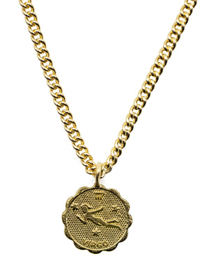 Gold plated Brass coin shaped pendant with unique scalloped edge Astrology Pendant Necklace on chain. Zodiac Virgo. Handmade in Brooklyn NYC