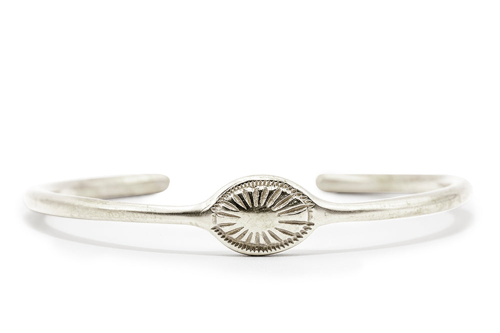 Vintage inspired simple sunburst cuff bracelet in 100% recycled sterling silver. Custom Handmade by jewelers in Brooklyn, NY.