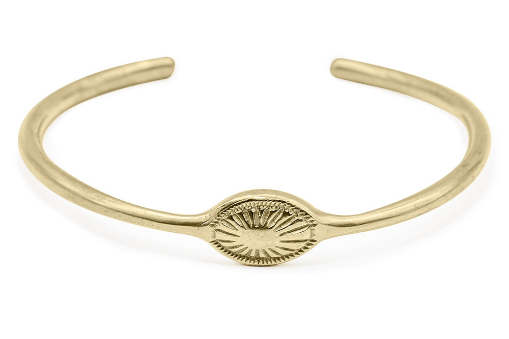 Vintage inspired simple sunburst cuff bracelet in solid brass. Custom Handmade by jewelers in Brooklyn, NY.